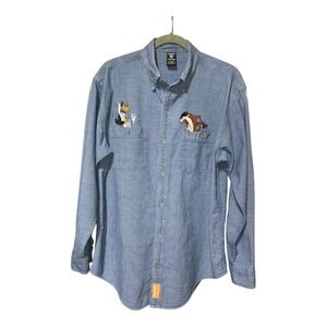 Vintage WB Warner Bros Studio Store Looney Tunes Button Down Blue Shirt Men Sz M